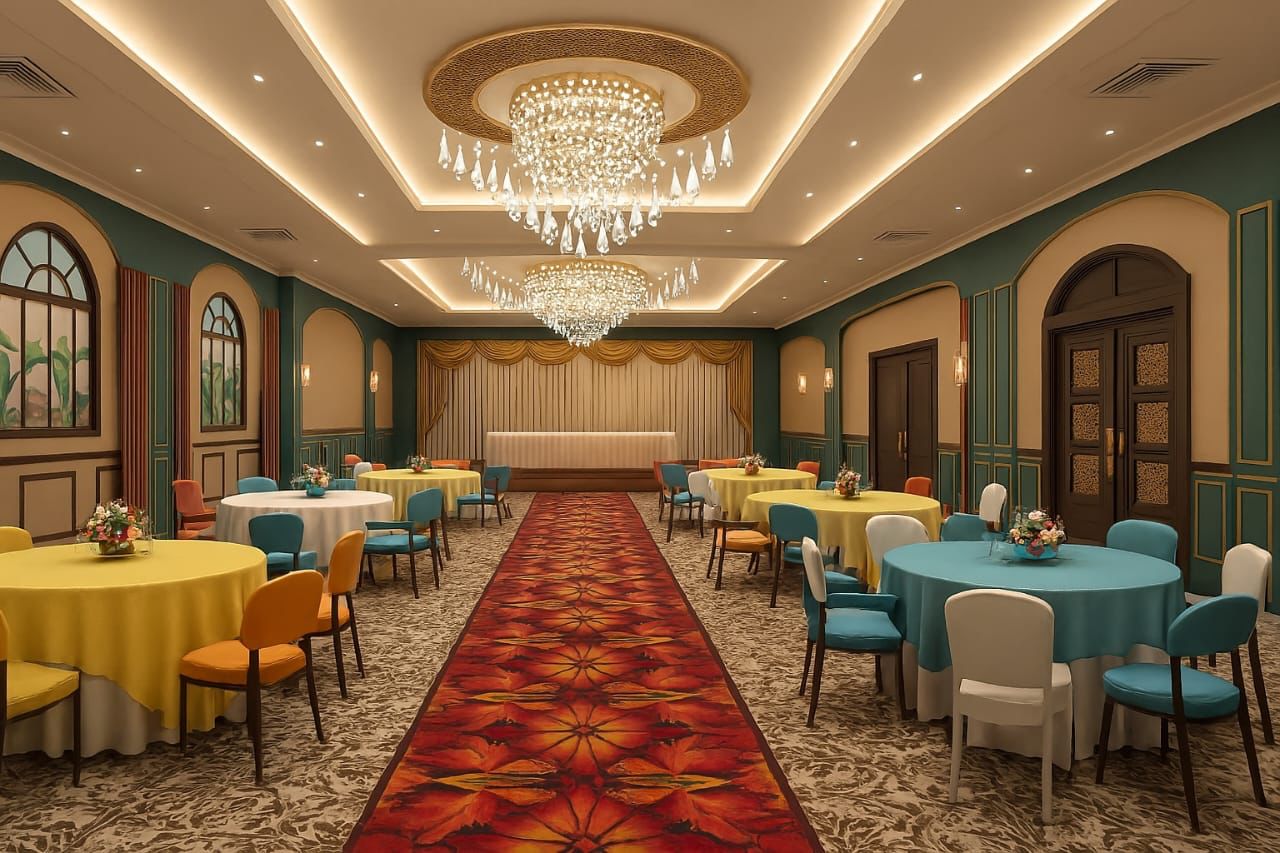 Elegant banquet hall set for a corporate gathering
